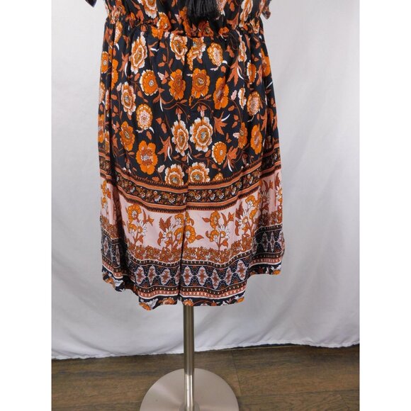 SHEIN Curve Dress Womens 1XL Black Orange Boho Floral Tassel Tie Short Sleeve - Picture 3 of 12